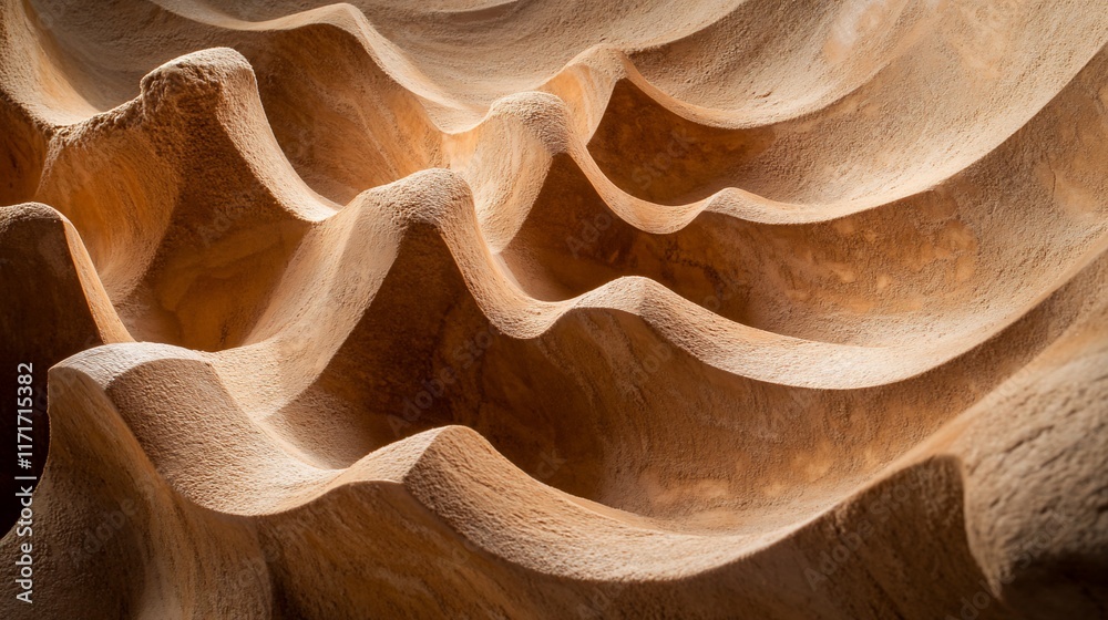 Poster abstract carved wooden texture with swirling, undulating patterns and warm light brown tones.