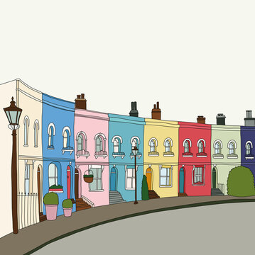Vector Illustration of Colourful Facades of Victorian Town Houses in London's Notting Hill. City Street in West Area Cozy Winter Atmosphere in White Cloudy Sky Background