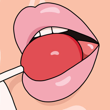 Illustration of a Mouth with Red Lipstick and Tongue Out Licking a Lollipop