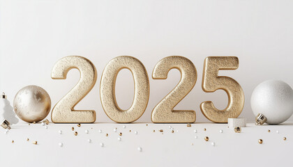 Gold 2025 numerals with sparkly gold and silver Christmas ornaments on a cream textured surface against a beige background. New Years celebration.