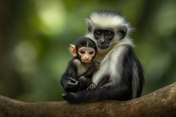 Adult black and white colobus monkey cradles its infant on a tree branch.