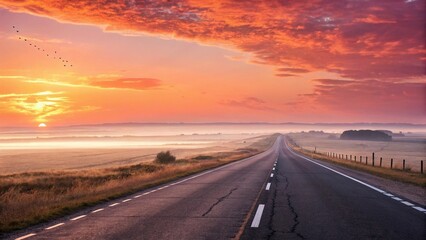 Naklejka premium Serene Road Stretch Through Misty Countryside Beneath Stunning Sunrise Sky