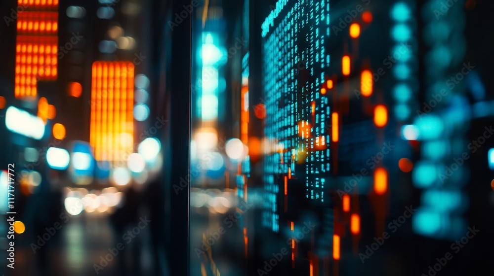 Poster night city bokeh with blurred stock market data display.