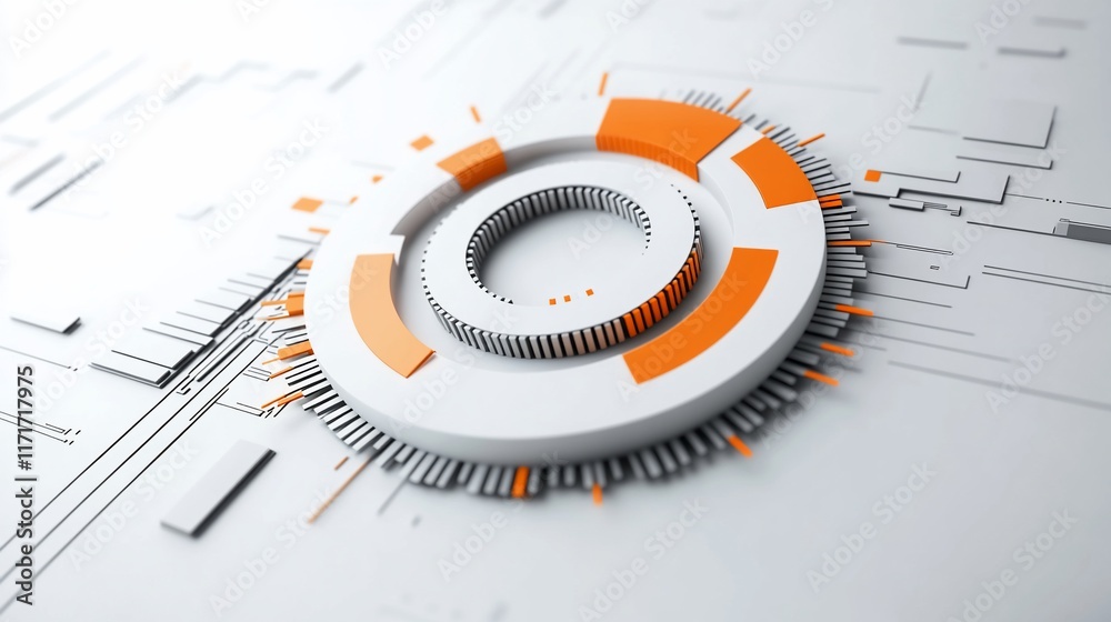 Leinwandbilder Abstract white and orange circular technological interface design element on a circuit board background.