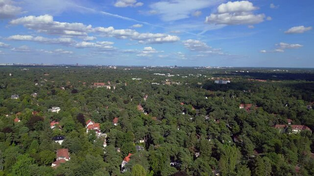 residential district green forest cloudy sky. Magic aerial view flight drone