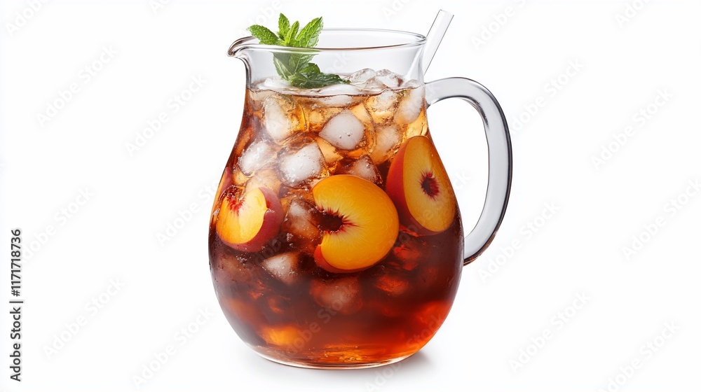 Poster refreshing iced peach tea in a glass pitcher with ice and mint garnish.