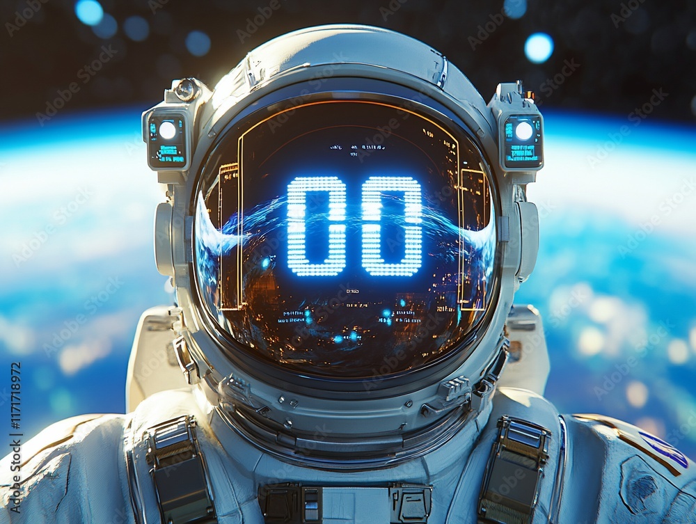 Poster close-up of astronaut's helmet visor displaying '00' countdown against earth backdrop.