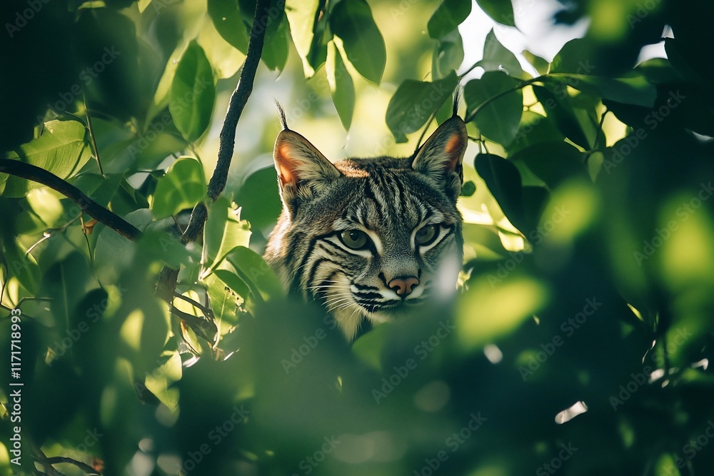 Poster a bobcat hidden amongst green leaves in a tree, looking directly at the camera.
