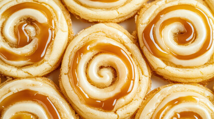 Fototapeta premium Delicious pinwheel cookies topped with rich caramel drizzle, showcasing swirl design that adds visual appeal. Perfect for dessert lovers and special occasions