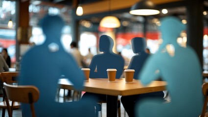 Blurry figures seated in a busy coffee shop
