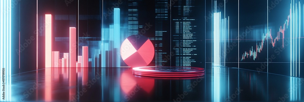 Poster Abstract 3D rendering of financial data, charts and graphs in neon light.