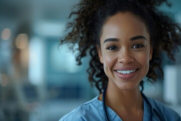 Smiling healthcare professional in a blue scrubs, showcasing confidence and compassion in a medical environment.