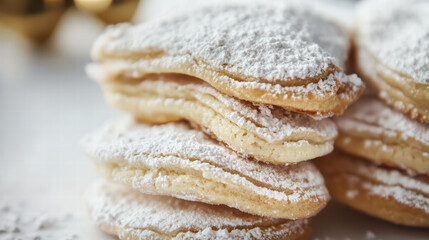 Delicious close up of sable cookies dusted with powdered sugar, showcasing their elegant layers and inviting texture, perfect for festive occasions
