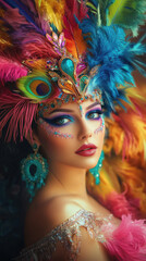 Obraz premium Brazilian Carnival Beauty with Floral and Feather Accents