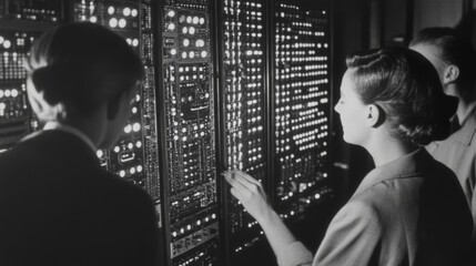Women operating a large vintage computer in a dark room.