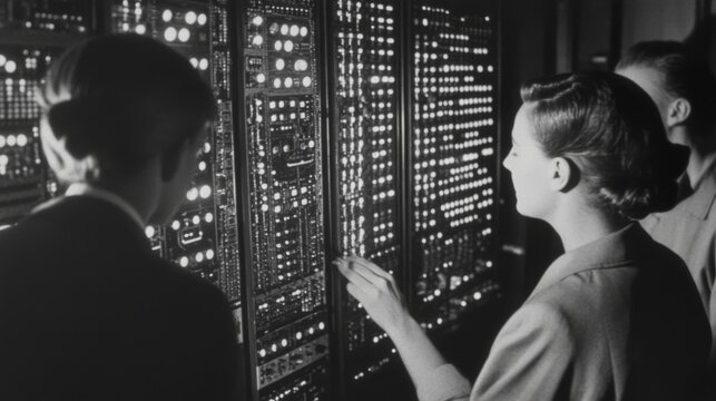 Women operating a large vintage computer in a dark room.
