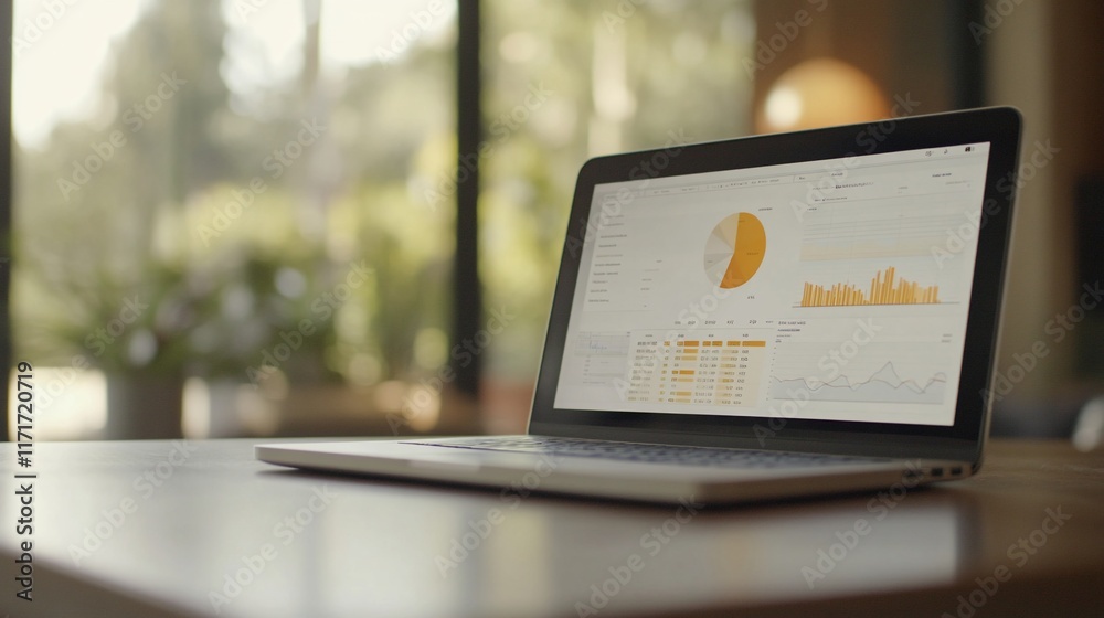 Poster Laptop displaying financial charts and graphs on a table.
