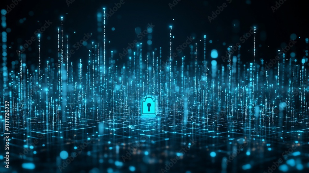 Poster Abstract digital data security concept with a glowing padlock icon in a futuristic blue cyberspace.