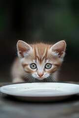 Ginger kitten staring curiously at a plate with a blurred background