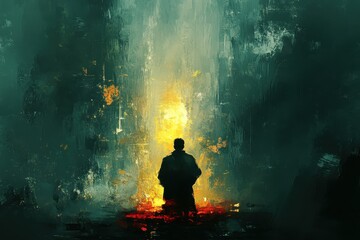 Obraz premium Solitary Figure Enveloped in Mystical Light Surrounded by Dark Abstract Elements, Illuminated in Ethereal Hues of Yellow and Green, Invoking a Sense of Solitude and Reflection in a Dreamlike Setting