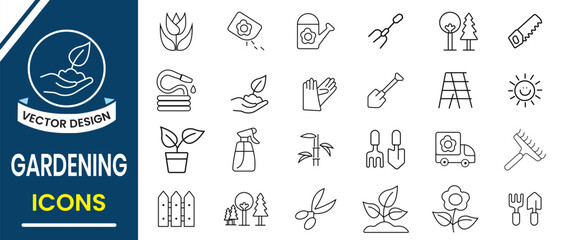 Gardening, Farming icon set. Agriculture and gardener line icon, vector set. Cultivating, horticultural, plants and farming tool, instrument icon set. Vector illustration.