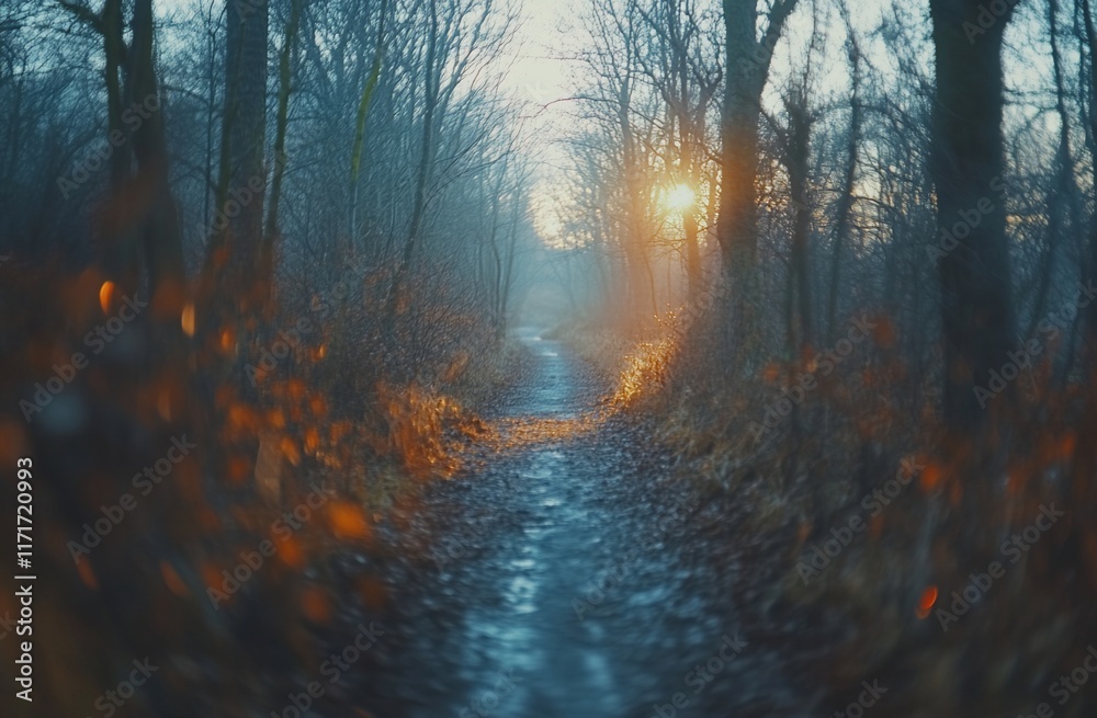 Poster sunlit path through misty winter forest.