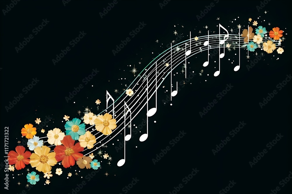 Aufkleber a whimsical illustration of musical notes flowing through a field of colorful flowers, creating a ma