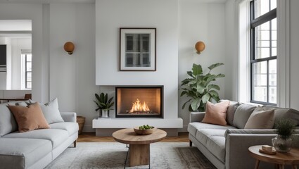 Contemporary apartment living room with cozy fireplace