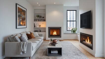 Fototapeta premium Contemporary apartment living room with fireplace and sofa