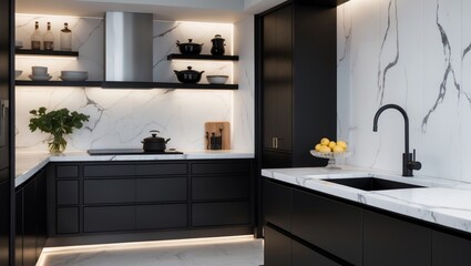 Contemporary kitchen featuring black furnishings and marble countertop
