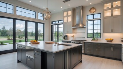 Contemporary kitchen with island sink and large window