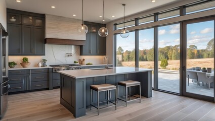 Contemporary kitchen with island sink and large window