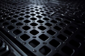 Dark metallic grid surface with intricate patterns and shadows,