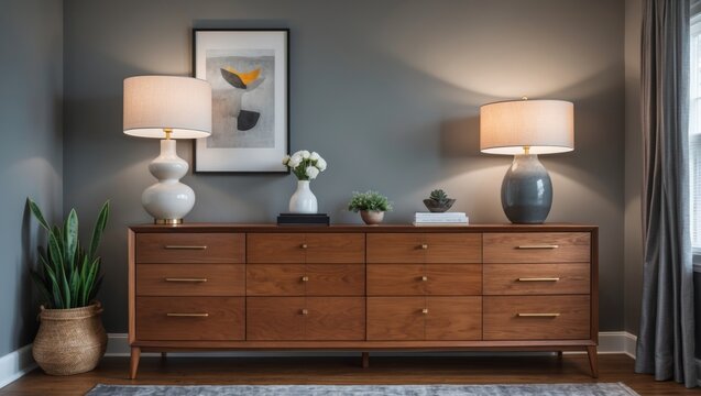 Contemporary dresser and lamp against gray wall