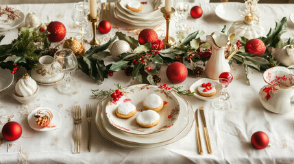 festive table setting adorned with holiday decorations, featuring Sable cookies, elegant plates, and red ornaments, creating warm and inviting atmosphere