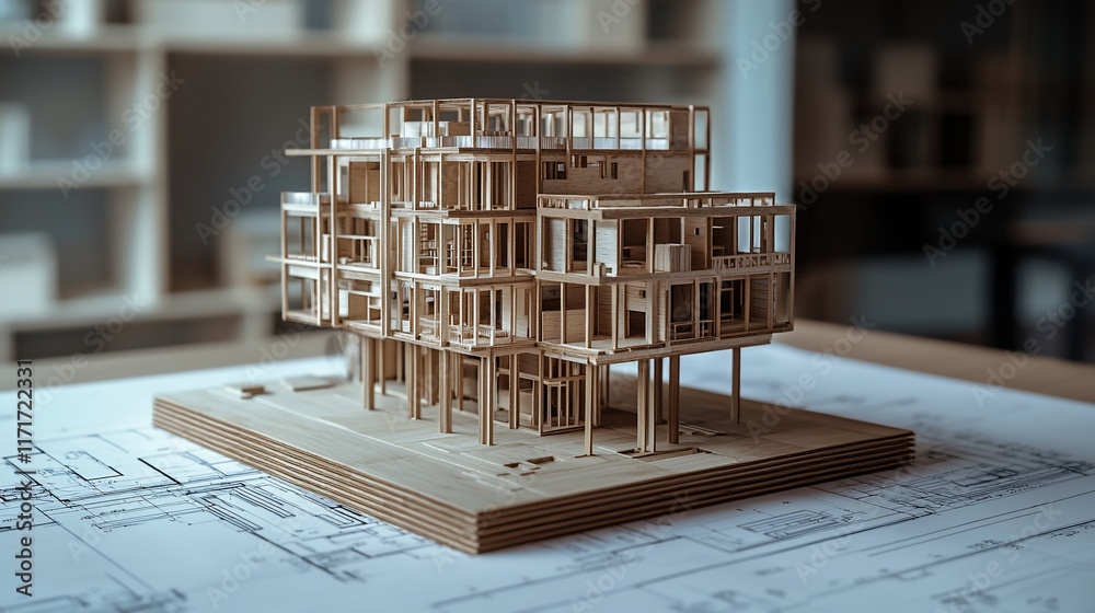 Poster Architectural model of a modern building on blueprints.