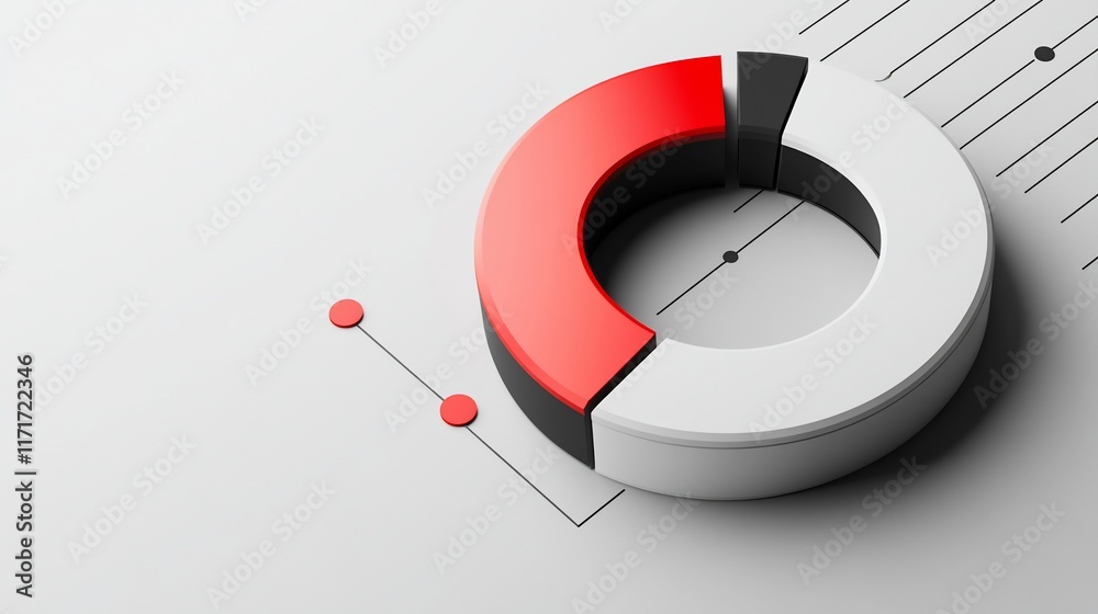 Poster 3d donut chart showing data segments in red, black and white on a light grey background.