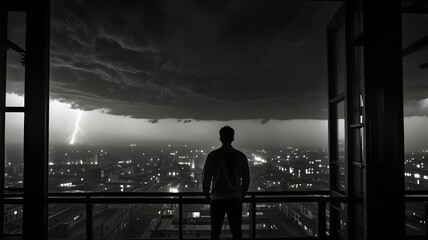 Fototapeta premium Man on Balcony Overlooking City at Night