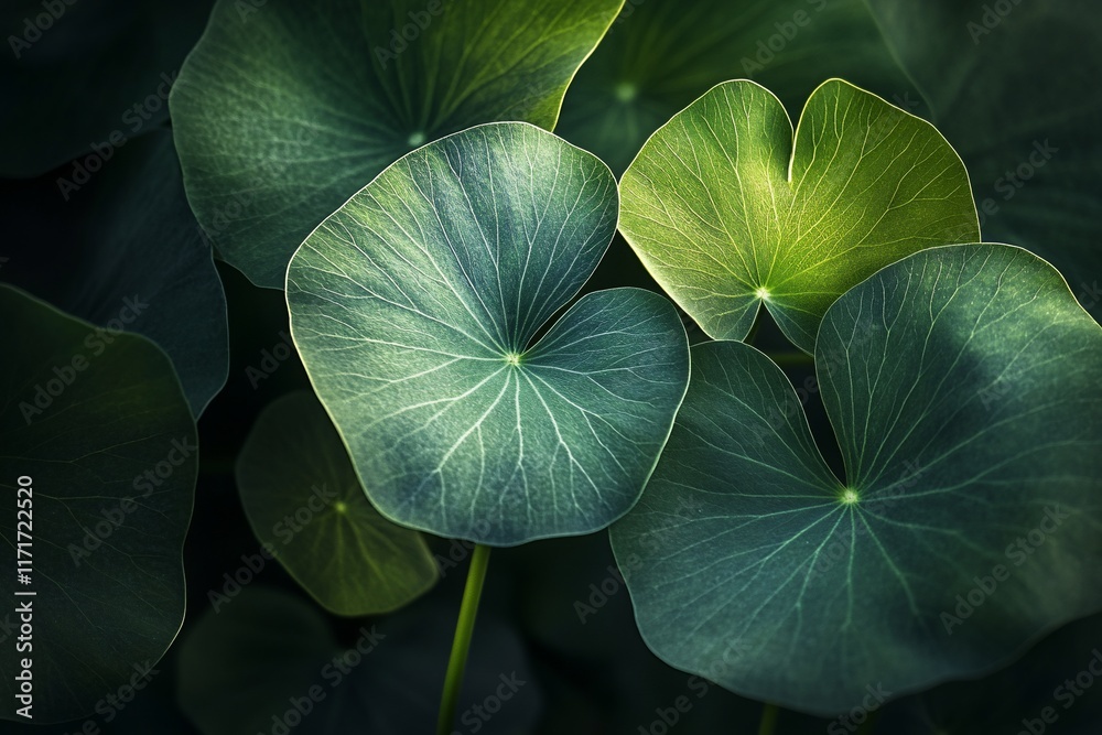 Poster close-up of lush, green leaves with visible veins and subtle light variations, creating a natural, t