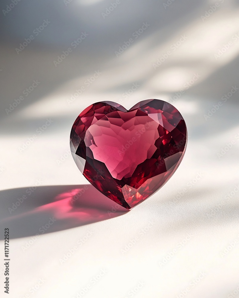 Poster Heart-shaped gemstone on white background, illuminated by soft light, casting a shadow.