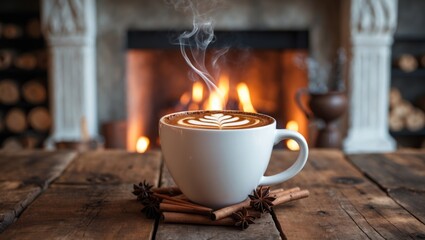Fototapeta premium Cozy hot drink by fireplace on wooden table
