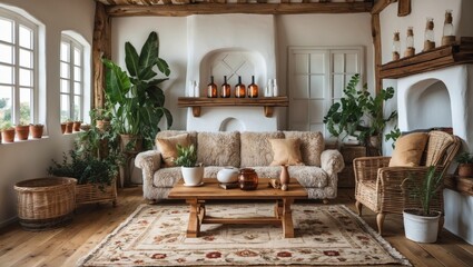 Cozy living room with plants and wooden decor