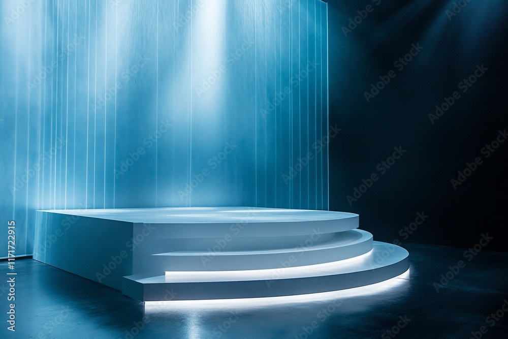 Aufkleber illuminated circular podium with three steps on a dark background.