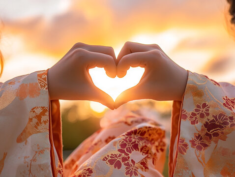 Hands forming a heart shape during sunset in traditional Japanese kimono. Valentines Day background