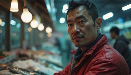 Obraz premium Man with Anosmia Making No Reaction to Fish Odors at a Busy Indoor Market under Fluorescent Light.