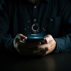 Smartphone loading screen, hand holding device, dark background, red and blue atmospheric lighting, high contrast, digital interface, circular progress bar, minimalist design, moody ambiance, technolo