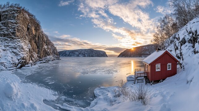 Panoramic view of a red cabin on a frozen lake at sunset, snow-covered landscape with rocky cliffs.