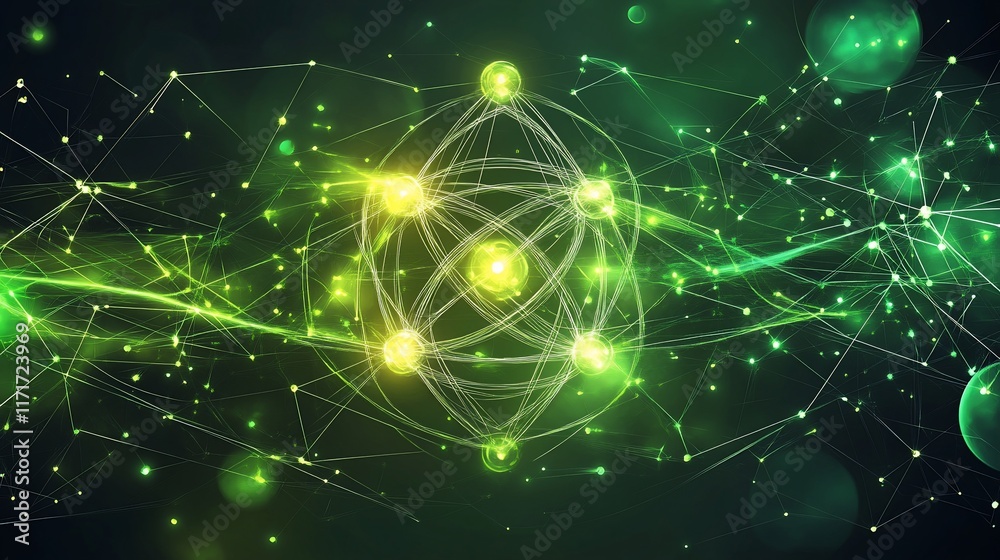 Poster Abstract glowing green atomic structure with energy lines and particles.