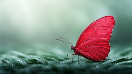 Red butterfly perched on vibrant green leaves surrounded by nature's beauty and tranquility