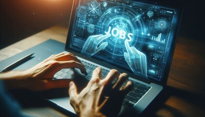 laptop keyboard, typing hands, glowing digital text, dark background, close-up, technology, cybersecurity, hacking, data visualization, neon blue light, dramatic lighting, futuristic interface, binary